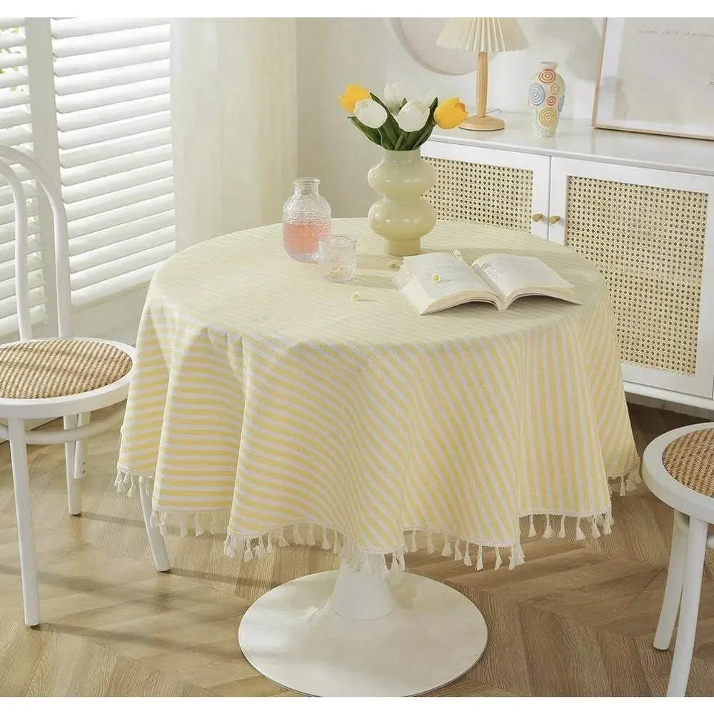 Meioro Round Tablecloth Stripe Tassel Table Cloth Cotton 60